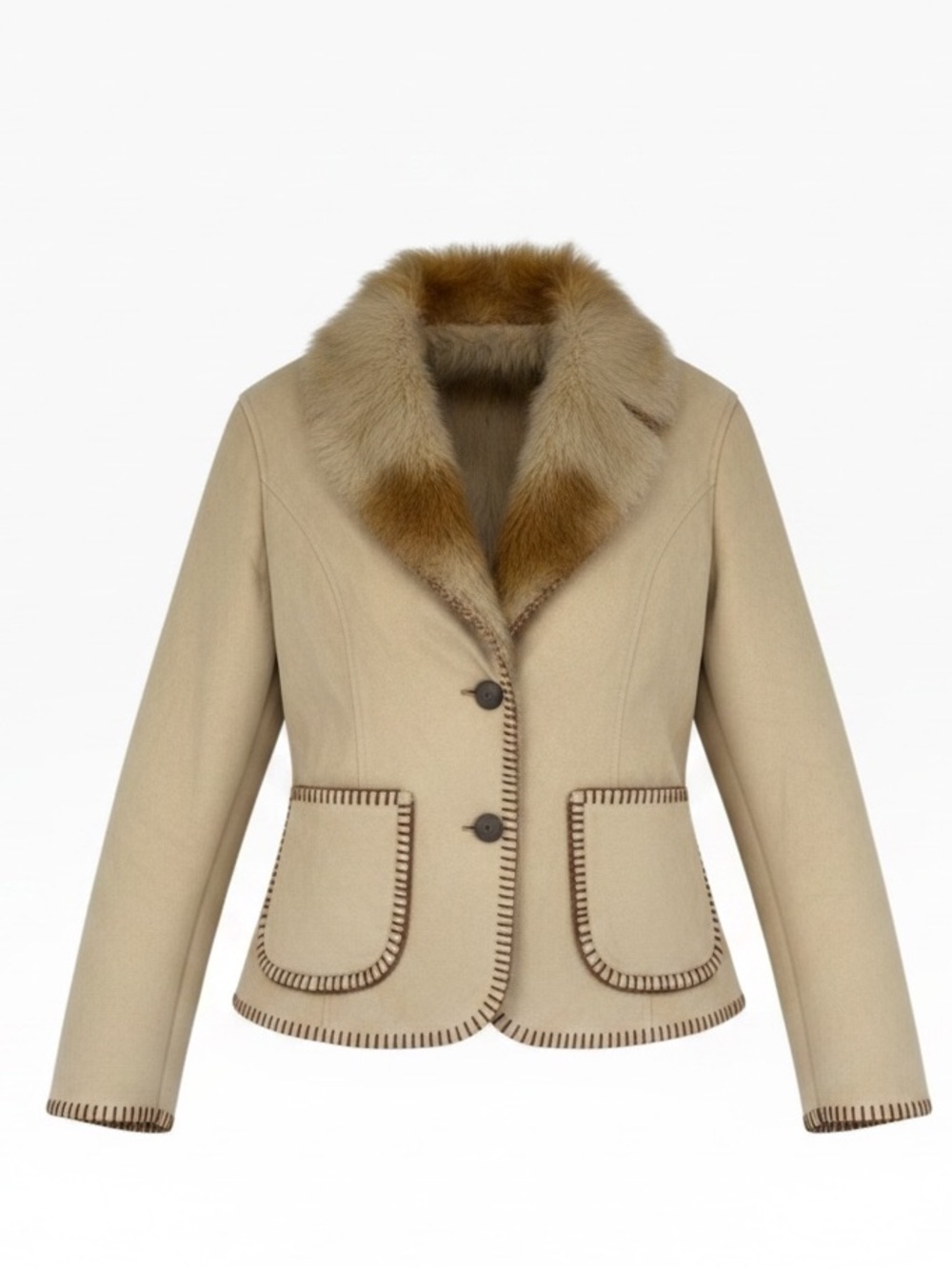 Cream Brown Faux Suede Fur Collar Lining Whipstitch Jacket SColdwater Creek Y2K